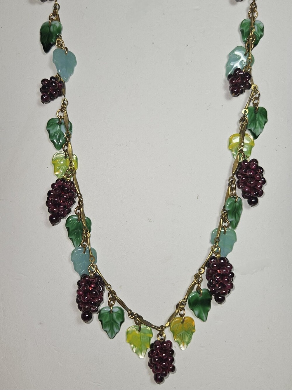 Vintage JANNY Glass Grapes & Leaves Necklace, 30" long